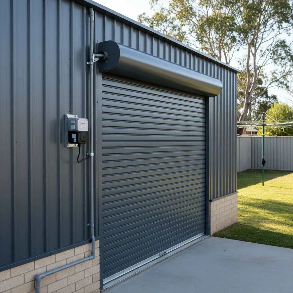 Roller door on a metal shed with equipment mounted beside the opening