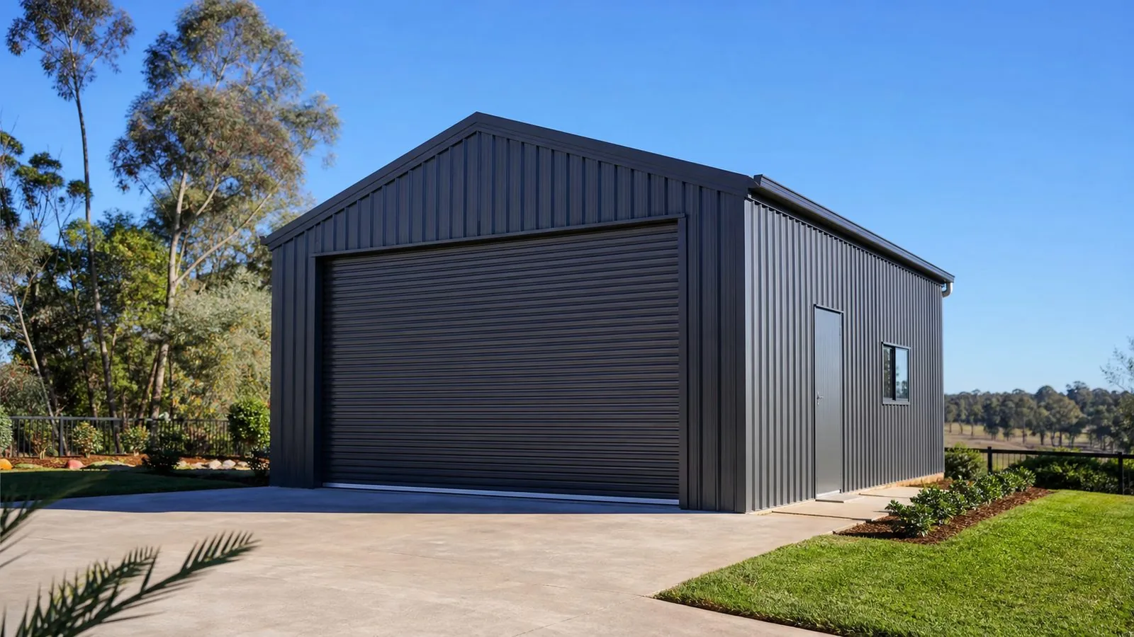 Grey garage shed with a broad roller door and a side access door